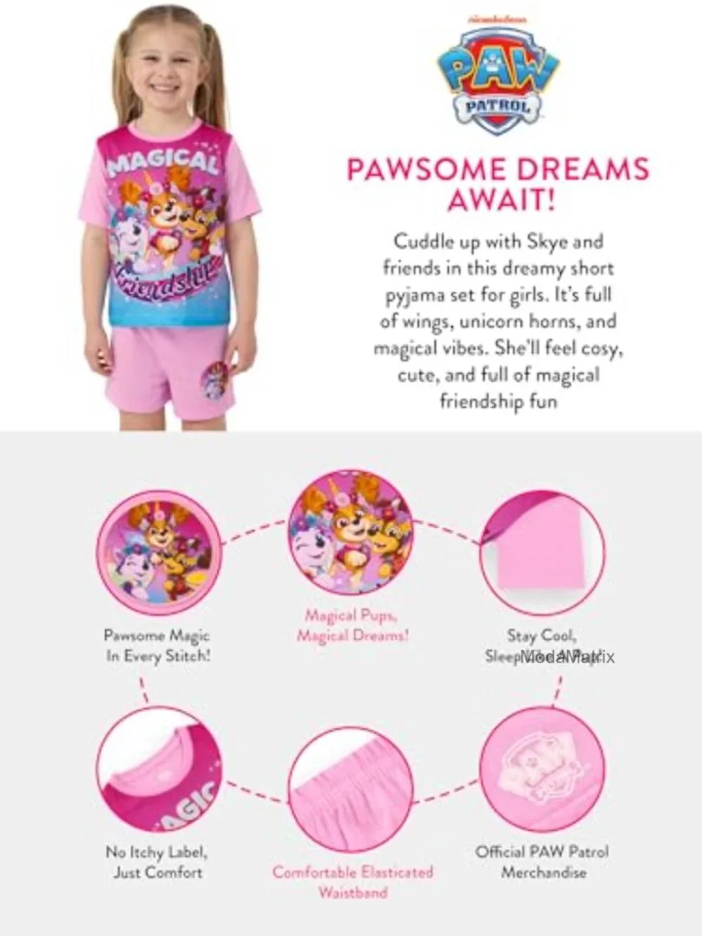 Girls Short Sleeve Pajama Set with Unicorn PAW Patrol Design